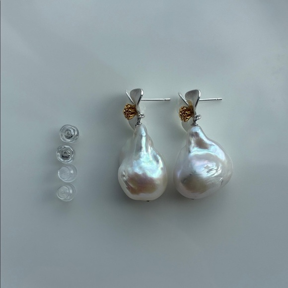 Floral Pearl Drop Earrings in Silver and Gold - Picture 2 of 8